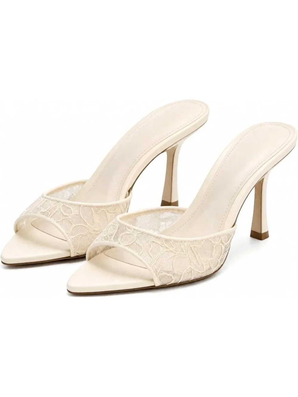 Women's Beige Heeled Sandals Lace Bride Pointed Open Toe Stiletto High Heels